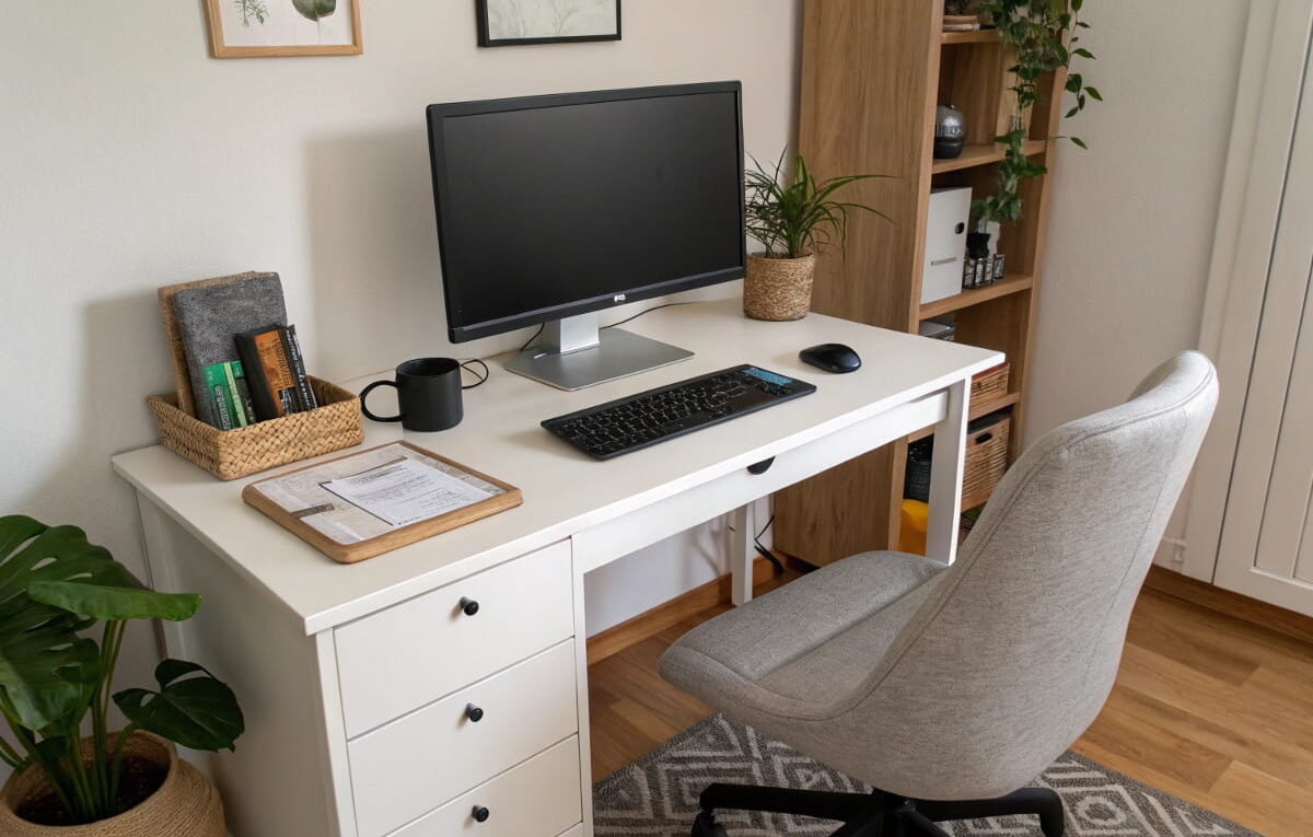Monitor mit USB-Hub auf aufgeräumtem Schreibtisch im Homeoffice