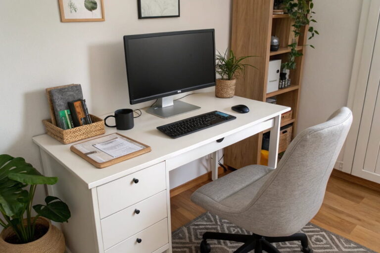 Monitor mit USB-Hub auf aufgeräumtem Schreibtisch im Homeoffice