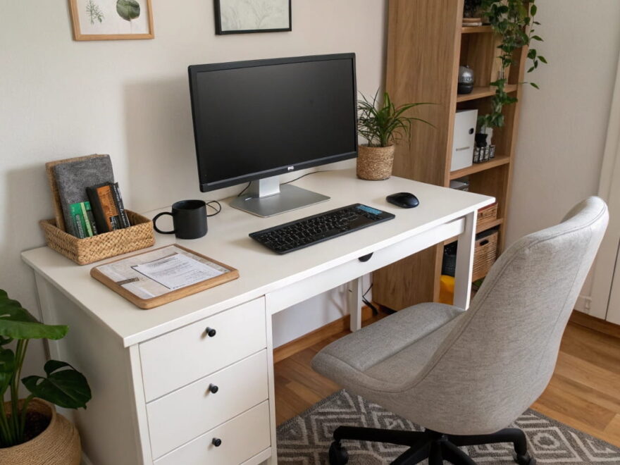 Monitor mit USB-Hub auf aufgeräumtem Schreibtisch im Homeoffice