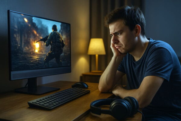 Monitor mit Lautsprechern beim Gaming – Sound reicht nicht aus Person nutzt Monitor mit Lautsprechern beim Gaming mit begrenztem Sounderlebnis