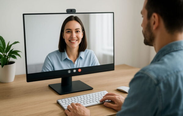 Monitor mit integrierter Webcam in einem modernen Home-Office während einer Videokonferenz