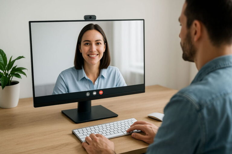 Monitor mit integrierter Webcam in einem modernen Home-Office während einer Videokonferenz