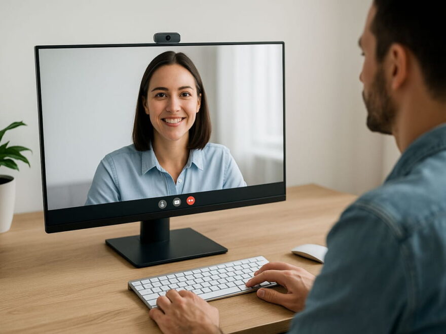 Monitor mit integrierter Webcam in einem modernen Home-Office während einer Videokonferenz