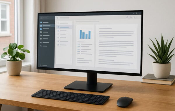 OLED-Monitore im Homeoffice mit geöffneter Büroanwendung