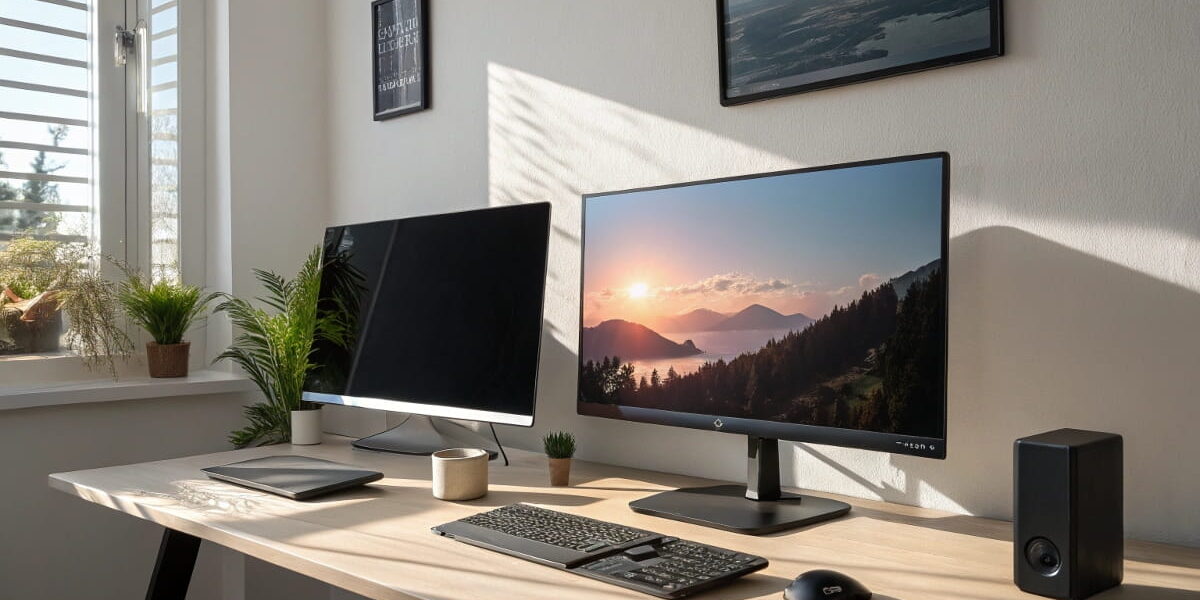 OLED vs. LCD Monitor im Vergleich auf einem Schreibtisch