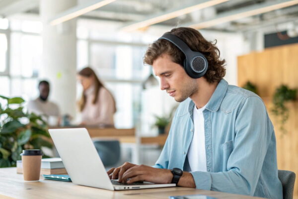 Person mit Over-Ear Kopfhörer beim Arbeiten im Büro