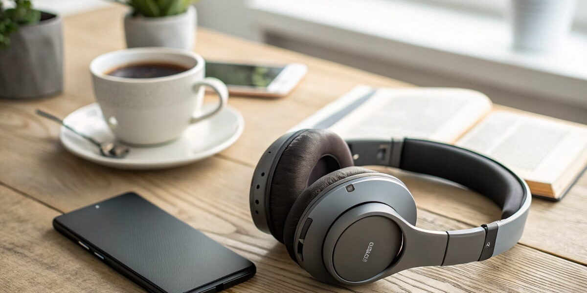 Moderner Over-Ear Kopfhörer auf einem Schreibtisch mit Smartphone und Kaffeetasse