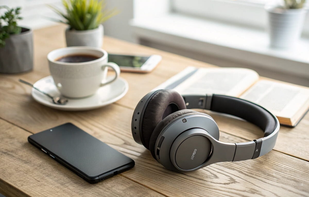 Moderner Over-Ear Kopfhörer auf einem Schreibtisch mit Smartphone und Kaffeetasse