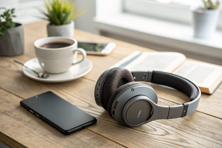 Moderner Over-Ear Kopfhörer auf einem Schreibtisch mit Smartphone und Kaffeetasse