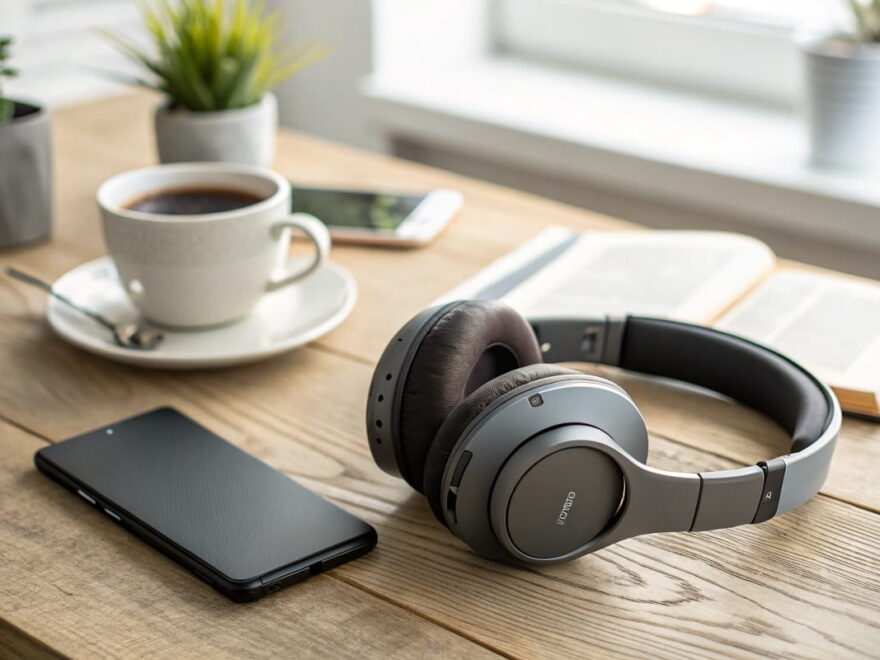 Moderner Over-Ear Kopfhörer auf einem Schreibtisch mit Smartphone und Kaffeetasse