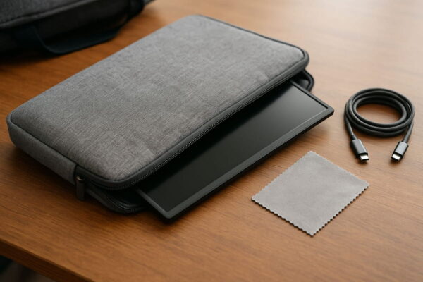 Portable Monitore unterwegs richtig schützen und transportieren Portable Monitore sicher verpackt mit Schutzhülle und Zubehör
