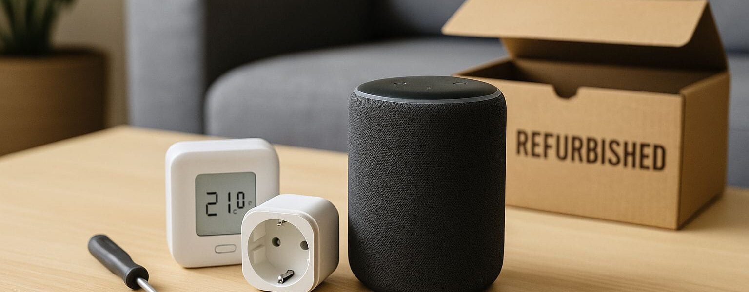 Refurbished Smart-Home-Geräte kaufen: geprüfte Technik auf dem Wohnzimmertisch mit Verpackung und Werkzeug