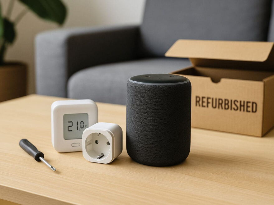 Refurbished Smart-Home-Geräte kaufen: geprüfte Technik auf dem Wohnzimmertisch mit Verpackung und Werkzeug