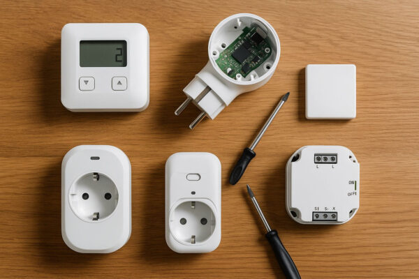 Smart-Home-Hersteller mit reparierbaren Geräten auf Werkbank dargestellt Reparierbare Smart-Home-Geräte mehrerer Hersteller nebeneinander mit Werkzeug