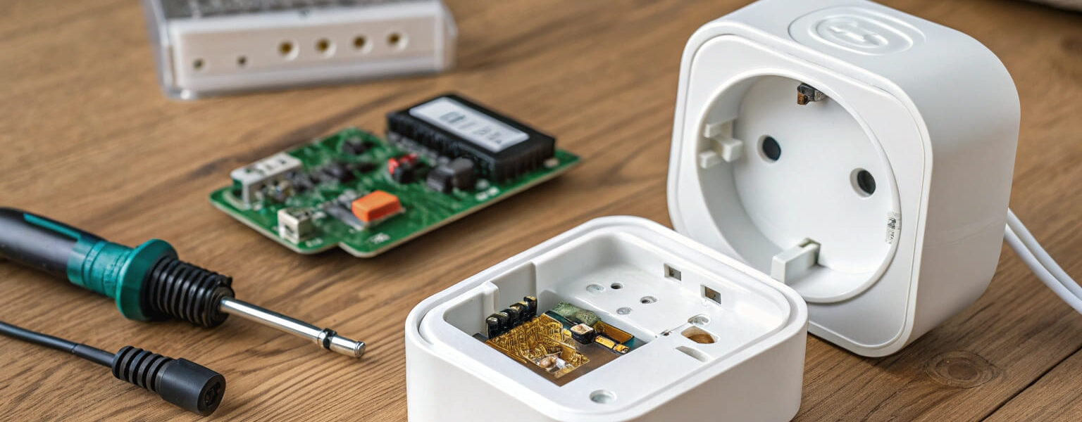 Smart-Home-Geräte mit reparierbarem Design offen und zerlegt auf Werkbank