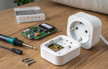 Smart-Home-Geräte mit reparierbarem Design offen und zerlegt auf Werkbank