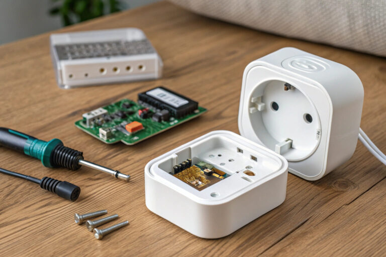 Smart-Home-Geräte mit reparierbarem Design offen und zerlegt auf Werkbank