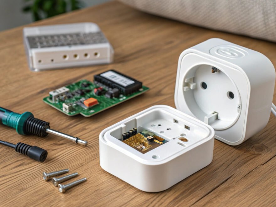 Smart-Home-Geräte mit reparierbarem Design offen und zerlegt auf Werkbank