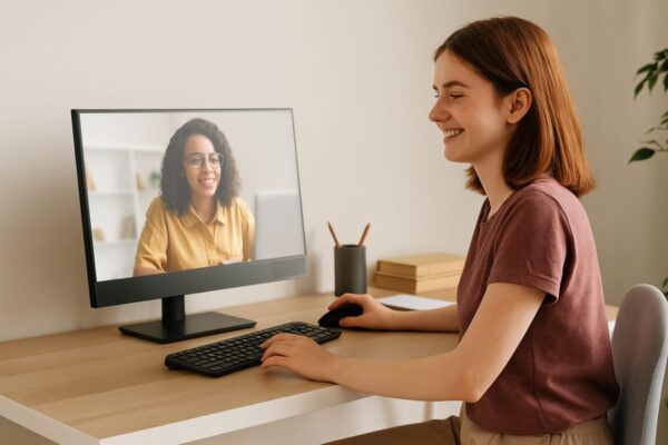 Monitor mit Lautsprechern als sinnvolle Lösung bei wenig Platz Monitor mit Lautsprechern in praktischer Alltagssituation auf kleinem Schreibtisch
