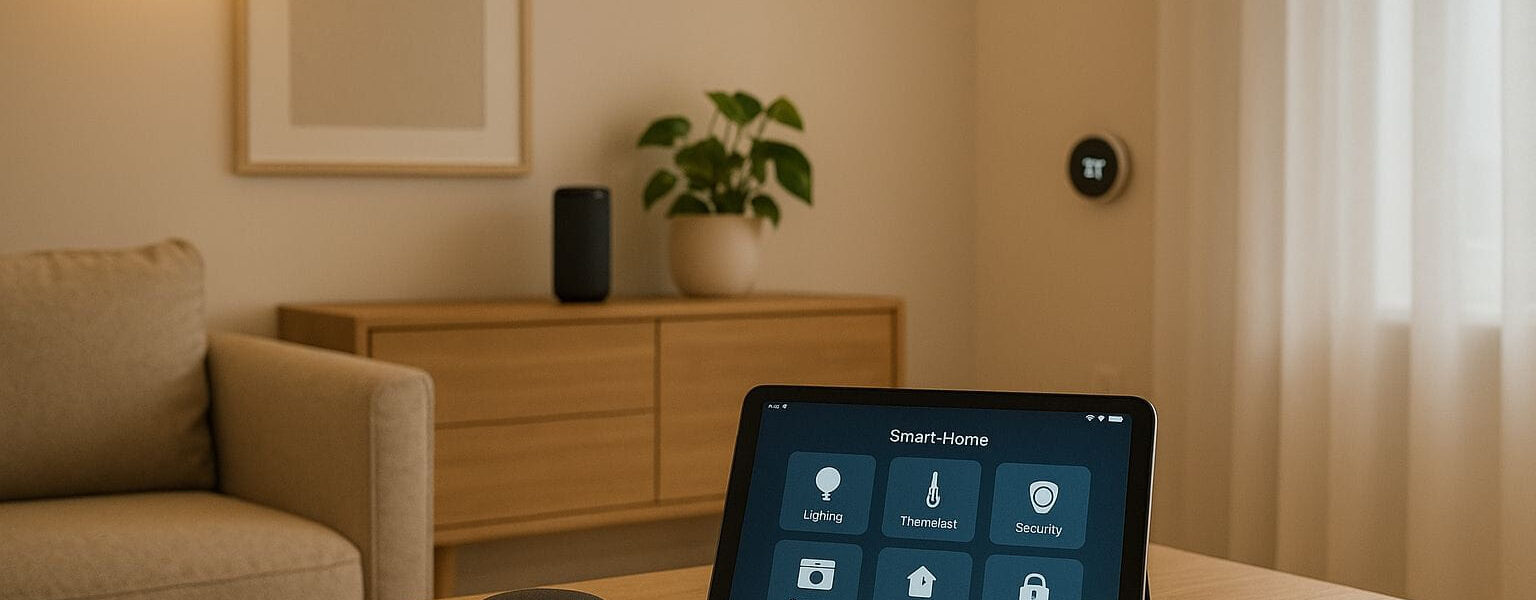 Smart-Home-Automatisierung im modernen Wohnzimmer mit vernetzten Geräten