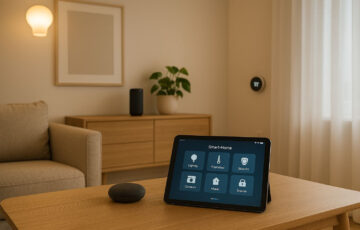 Smart-Home-Automatisierung im modernen Wohnzimmer mit vernetzten Geräten