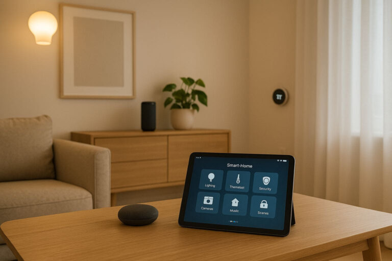 Smart-Home-Automatisierung im modernen Wohnzimmer mit vernetzten Geräten