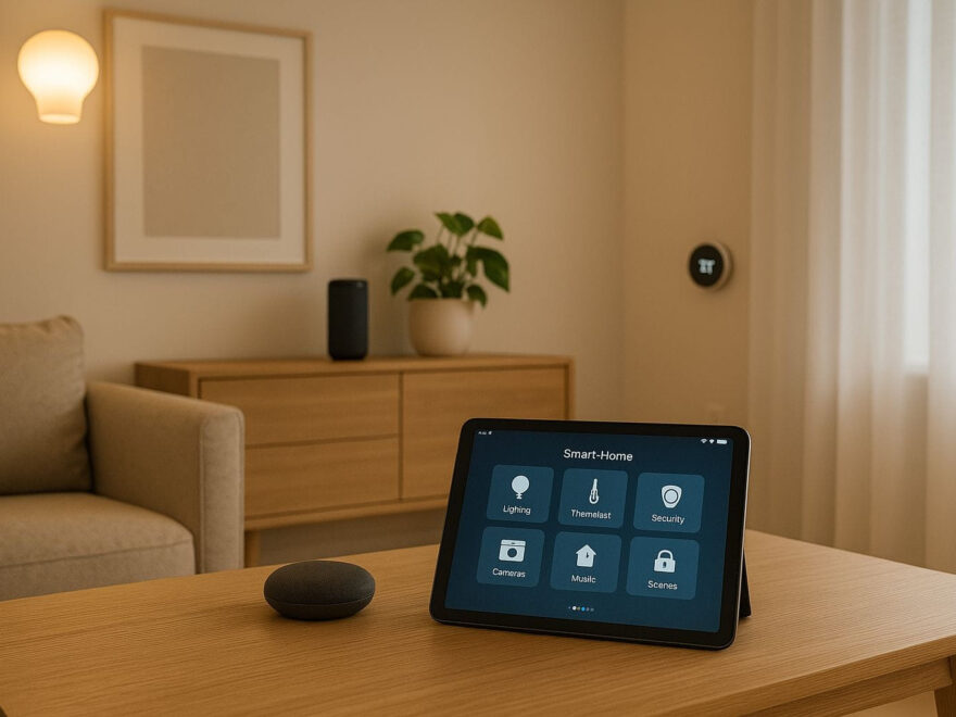 Smart-Home-Automatisierung im modernen Wohnzimmer mit vernetzten Geräten