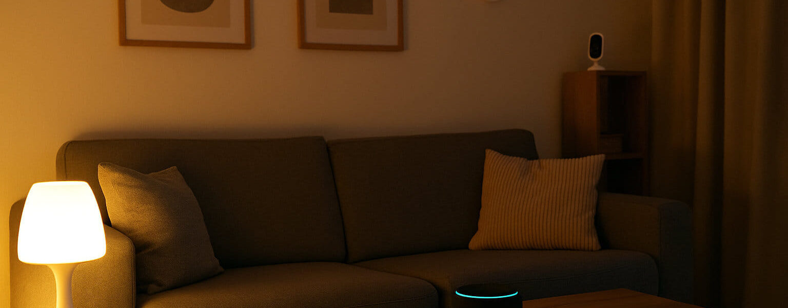 Smart Home nachrüsten im Wohnzimmer mit smarter Beleuchtung, Thermostat und Sprachassistent für mehr Komfort und Sicherheit