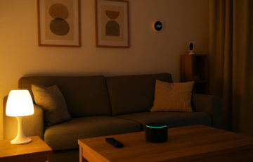 Smart Home nachrüsten im Wohnzimmer mit smarter Beleuchtung, Thermostat und Sprachassistent für mehr Komfort und Sicherheit