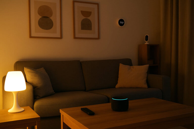 Smart Home nachrüsten im Wohnzimmer mit smarter Beleuchtung, Thermostat und Sprachassistent für mehr Komfort und Sicherheit