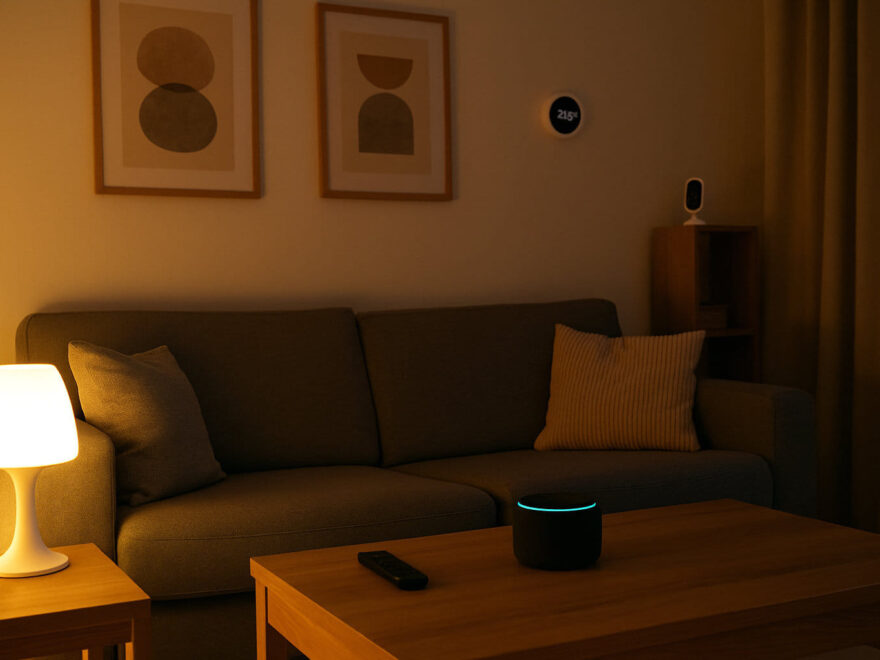 Smart Home nachrüsten im Wohnzimmer mit smarter Beleuchtung, Thermostat und Sprachassistent für mehr Komfort und Sicherheit