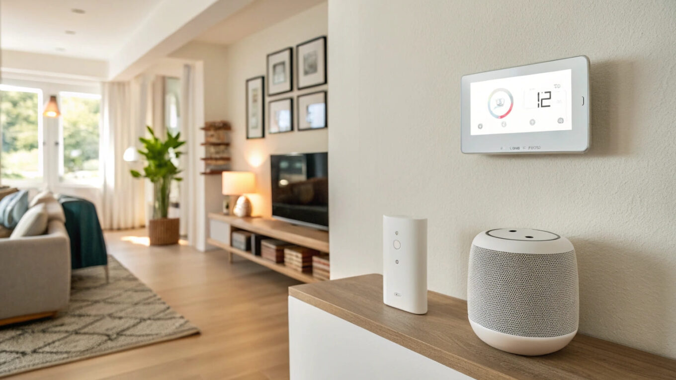 Modernes Wohnzimmer mit vernetzten Geräten als Beispiel für ein Smart-Home-System