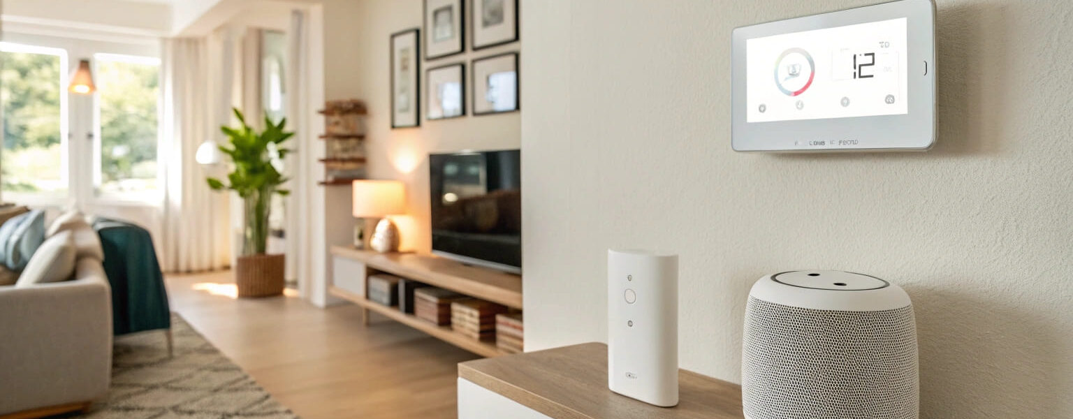 Modernes Wohnzimmer mit vernetzten Geräten als Beispiel für ein Smart-Home-System