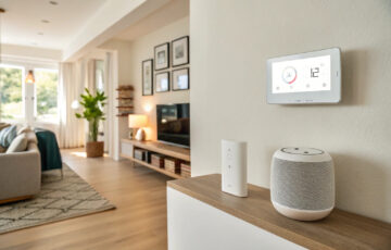 Modernes Wohnzimmer mit vernetzten Geräten als Beispiel für ein Smart-Home-System