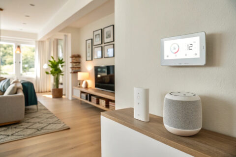 smart home systeme Modernes Wohnzimmer mit vernetzten Geräten als Beispiel für ein Smart-Home-System