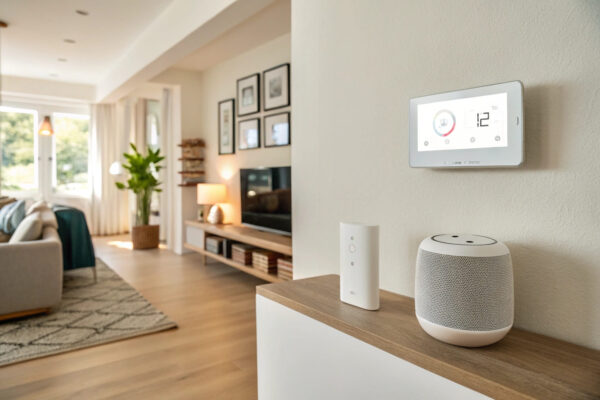 Was macht ein gutes Smart-Home-System aus? Modernes Wohnzimmer mit vernetzten Geräten als Beispiel für ein Smart-Home-System