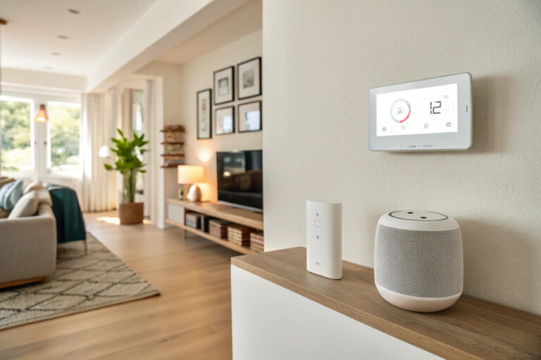 Modernes Wohnzimmer mit vernetzten Geräten als Beispiel für ein Smart-Home-System