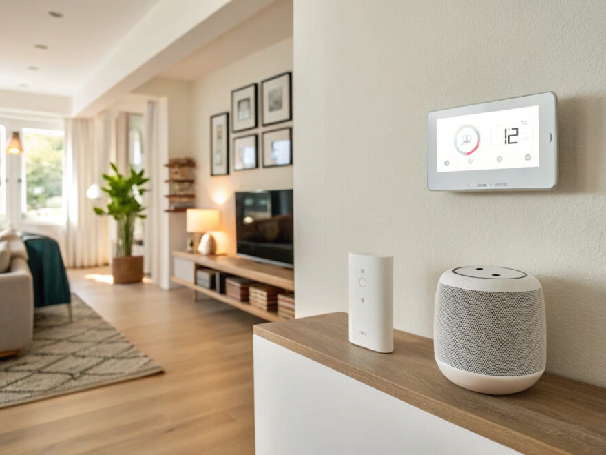 Modernes Wohnzimmer mit vernetzten Geräten als Beispiel für ein Smart-Home-System