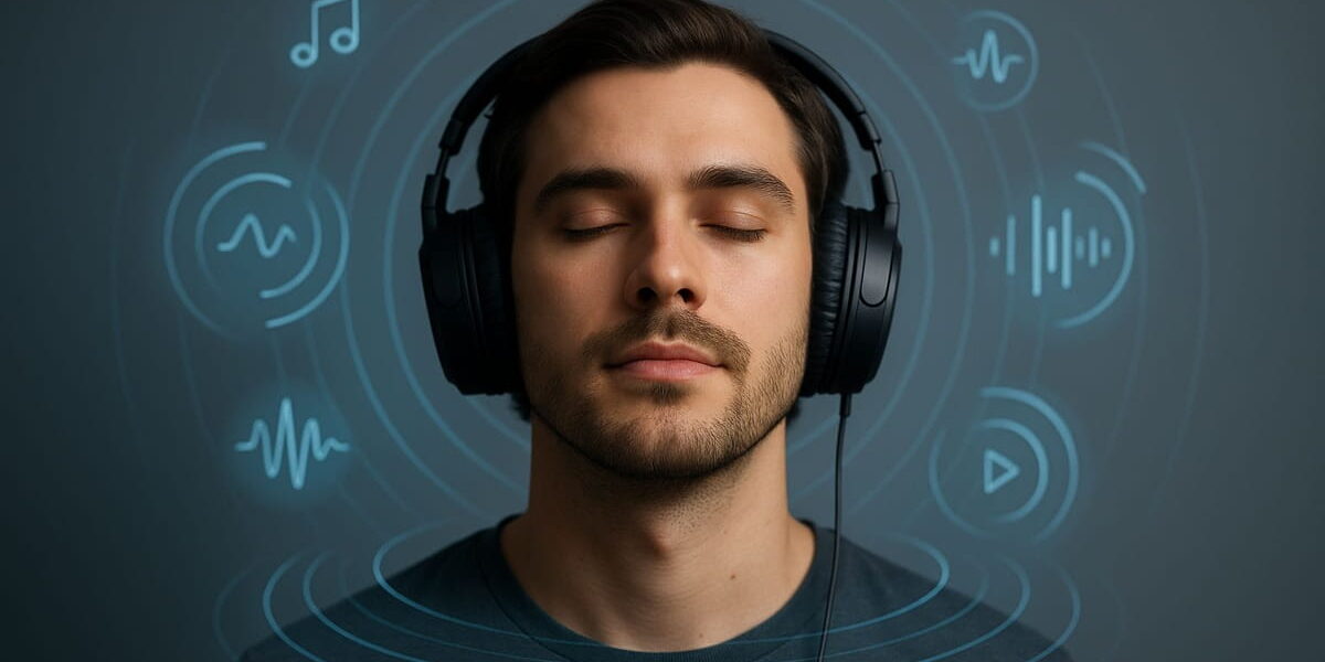 Spatial Audio visuell erklärt mit 3D-Klängeffekt um Kopfhörer