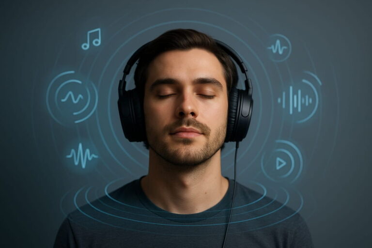 Spatial Audio visuell erklärt mit 3D-Klängeffekt um Kopfhörer