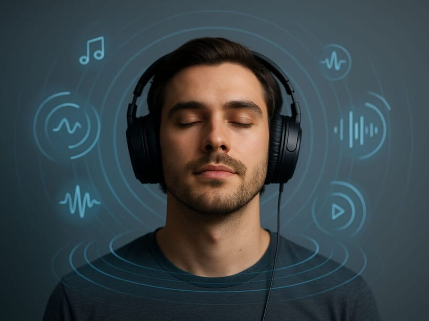 Spatial Audio visuell erklärt mit 3D-Klängeffekt um Kopfhörer