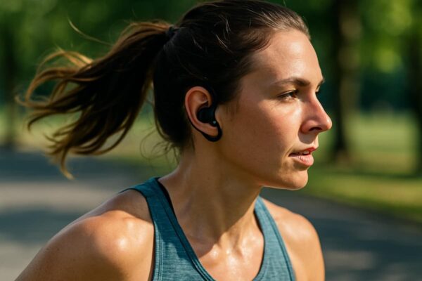Sport-Kopfhörer in Aktion beim Training im Freien Sport-Kopfhörer mit sicherem Sitz beim Joggen im Einsatz