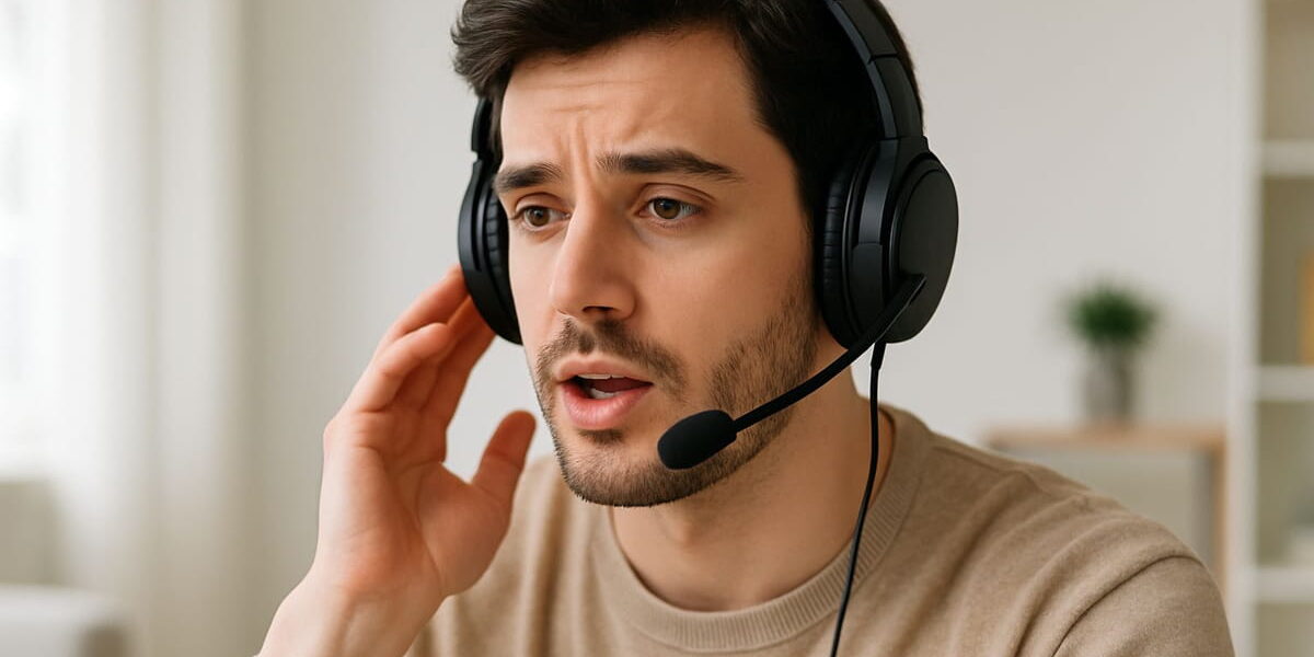 Junge Person mit Kopfhörer zum Telefonieren bei einem Anruf im Home-Office