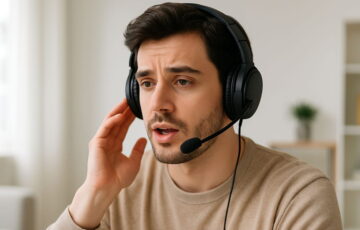 Junge Person mit Kopfhörer zum Telefonieren bei einem Anruf im Home-Office