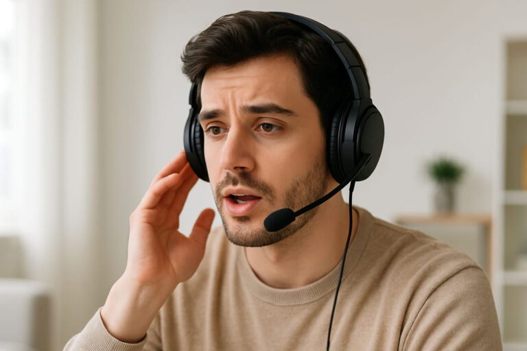 Junge Person mit Kopfhörer zum Telefonieren bei einem Anruf im Home-Office