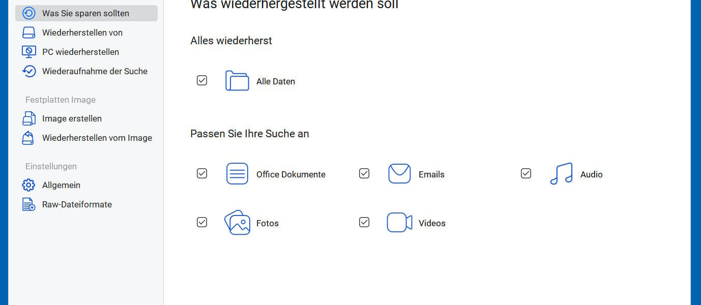 Stellar Data Recovery Professional Installation und erster Eindruck mit Auswahl von Dateitypen zur Wiederherstellung