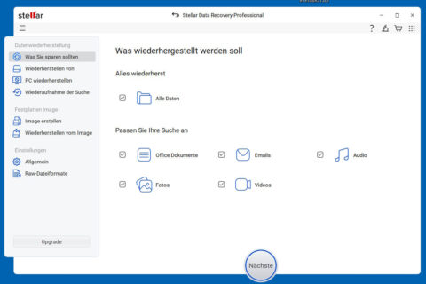 Stellar Data Recovery Professional Installation und erster Eindruck mit Auswahl von Dateitypen zur Wiederherstellung