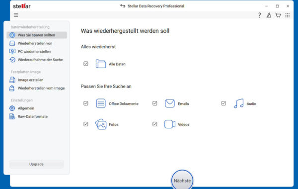 Stellar Data Recovery Professional Installation und erster Eindruck mit Auswahl von Dateitypen zur Wiederherstellung
