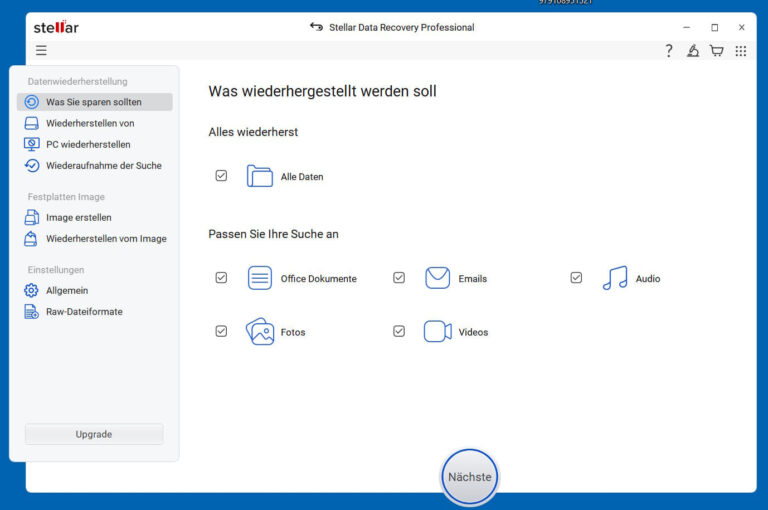 Stellar Data Recovery Professional Installation und erster Eindruck mit Auswahl von Dateitypen zur Wiederherstellung