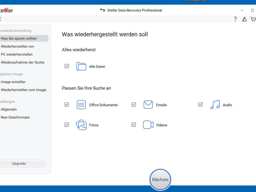 Stellar Data Recovery Professional Installation und erster Eindruck mit Auswahl von Dateitypen zur Wiederherstellung